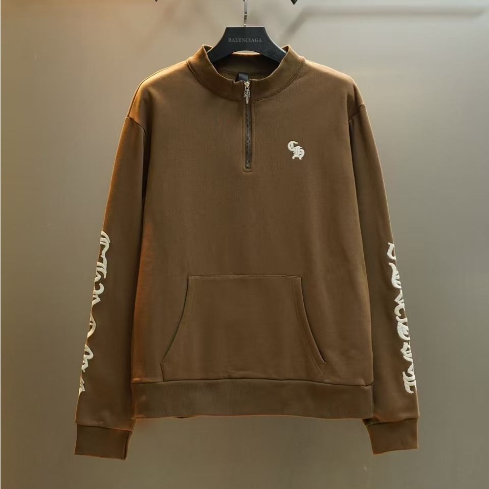 Chrome Hearts Brown Quarter Zip Sweatshirt Gothic Script Sleeve Print